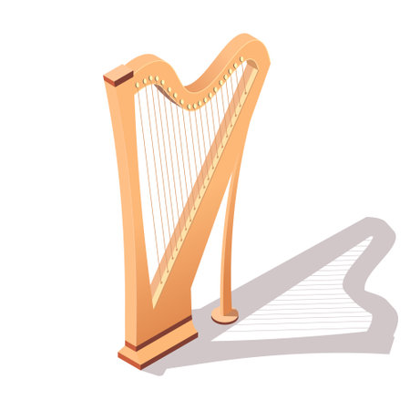 Music instrument classical harp isolated on white background. Isometric 3d element in vector design style for concert show, musical performance. Orchestra melody sound web button. Vector illustrationのイラスト素材