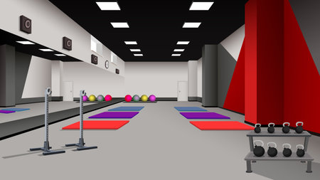 Contemporary fitness gym empty interior. Equipment yoga mats and fit balls on floor. Professional cardio and stretching studio. Room with nobody inside. Healthy lifestyle concept. Vector illustrationのイラスト素材