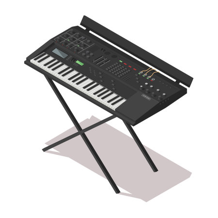 Music instrument electric synthesizer isolated on white background. Isometric 3d element in vector design style for concert show, musical performance. Acoustic sound device button. Vector illustrationのイラスト素材