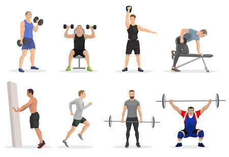 Set of men characters in gym doing dumbbell press exercises and workouts weight training. Collection of male bodybuilding lifestyle. Athlete doing barbell overhead press exercise. Vector illustrationのイラスト素材