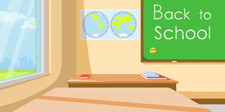 Back to school written on green chalkboard. Empty classroom in high school. Nobody on geography lesson. World map with globe hanging on the wall. Big window near desk of teacher. Vector illustrationのイラスト素材