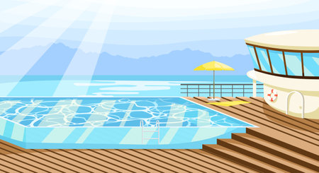 Cruise ship resort with pool. Wooden boat deck with poolside and chaise lounges. Blue and clear water in the swimming pool. seascape on background. Luxury voyage trip poster. Flat vector illustrationのイラスト素材
