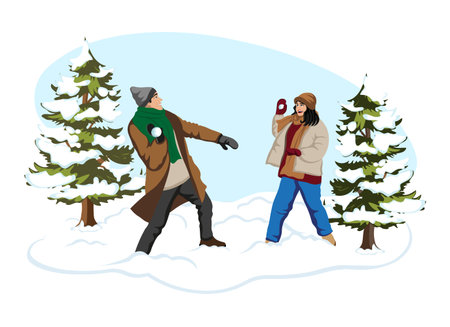 Romantic winter activity in snowy landscape. Happy lovers couple playing snowballs. Man and woman enjoying from funny game outdoor. Wintertime concept. Characters young people. Vector illustrationのイラスト素材