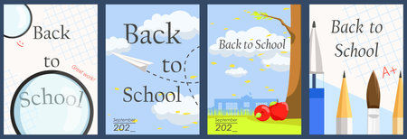 Back to school promo flyer collection with school supplies. School information pages with text set. Education template of flyer, magazines, posters, book cover, banner, brochure. Vector illustrationのイラスト素材