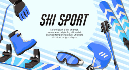 Ski sport banner in blue design. Skiing equipment in poster: skis, snowboard, helmet, poles, goggles isolated on background with text. Promotion for winter sport school template. Vector illustrationのイラスト素材