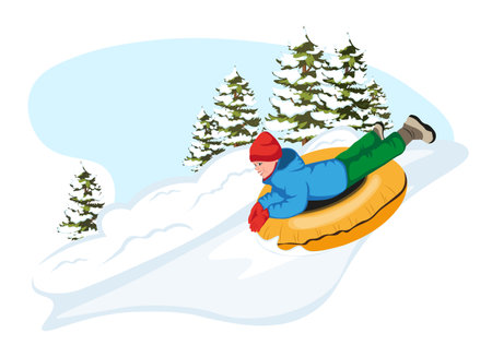 Young boy in snow tubing smiling and riding down on slope. Kid character enjoying of winter activity. Happy Christmas holidays. Snowy landscape with spruce or fir tree background. Vector illustrationのイラスト素材
