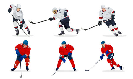 Set of hockey players isolated on white background. Red white colors of uniform and helmet. Realistic silhouettes. Winter sports game. Ice rink with sportsmen icon collection. Flat Vector illustrationのイラスト素材