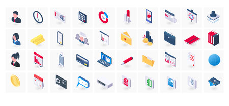 Set of colorful business icons isolated on white background. Web office elements in 3d isometric design. Financial symbols for finance manager chat buttons for internet support. Vector illustrationのイラスト素材