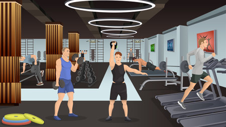 Full of people fitness gym interior. Men training with dumbbells in hand. Room with sporty strong muscle man. Healthy and active lifestyle concept. Character running on treadmill. Vector illustrationのイラスト素材