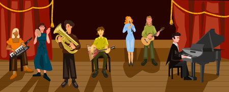 Orchestra performance on theater stage. Classical music concert in conservatory hall. Cultural event concept. Musical band members. Cartoon musicians characters playing symphony. Vector illustrationのイラスト素材