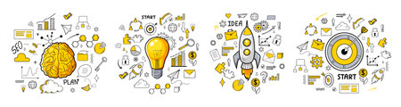 Creativity and innovation doodle icons collection. Hand drawn yellow color clip art. Good idea, business start up concept. Success management set of elements for finance growthing. Vector illustrationのイラスト素材