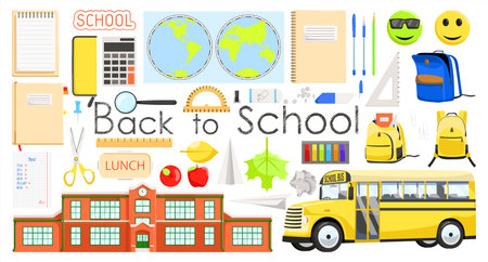 Set of school item icons. Cartoon objects and supplies include: notebook, backpack, globe map, lunch...