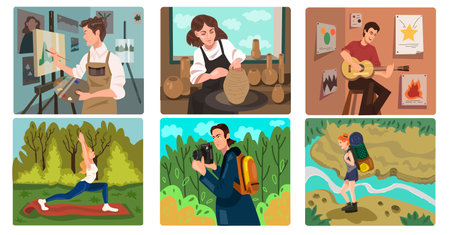 Set of colorful pictures with artistic hobbies. Cartoon style characters doing their favorite things. Happy man and women have relaxation in hobby. Active people: Artist, traveler. Vector illustrationのイラスト素材