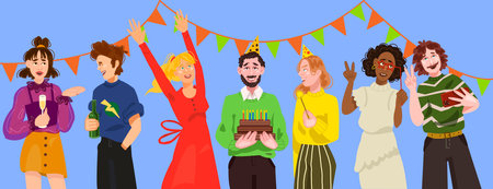 Happy cartoon people having fun at birthday party. Concept poster of friend character with cake with candles celebrating holiday. Collection of smiling festive men and women. Flat Vector illustrationのイラスト素材