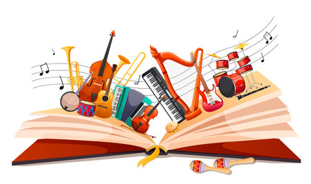 Magical story book with musical fairy tale. Opened book with different classical music instruments. Fantasy storybook or textbook adout jazz orchestra. Music fest poster or banner. Vector illustrationのイラスト素材