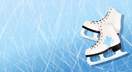 Winter figure skates on a blue ice rink background. White boots with blades for seasonal sport. Female dancing on ice event banner. Poster for weekend competitions. Show time flyer vector illustrationのイラスト素材