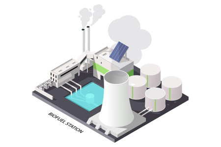 Biofuel power station. Industrial energy building in 3d isometric design. Power plant and alternative green electric generation station. Reactor power. Vector illustrationのイラスト素材
