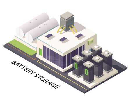 Electric battery power storage station. Industrial energy building in 3d isometric design. Power plant and alternative green electric generation station. Reactor power. Vector illustrationのイラスト素材