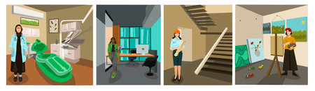 Set of confident diverse nationality women. Young woman different nations and jobs. Various profession of people. Successful employees in different uniforms type of activity. Vector illustrationのイラスト素材