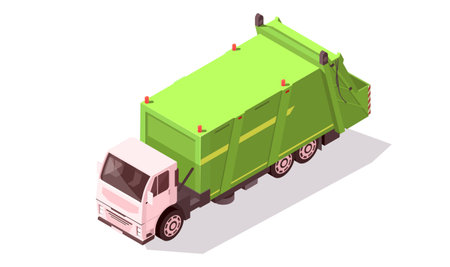 Green truck dumpster. Garbage recycling and utilization container vehicle. City waste recycling concept with garbage truck. Urban utility transport. Municipal cleaning service. Vector illustrationのイラスト素材