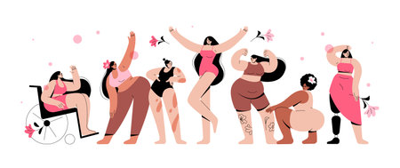 Body positive big height women. Happy plus size girls lifestyle. Set of woman with different body and ethnicity posing together. Body positivity concept. Diversity female beauty. Vector illustrationのイラスト素材