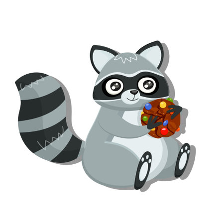 Woodland sweet raccoon. Cute forest wildlife raccoon with chocolate cookies. Perfect for scrapbooking, card, poster, sticker kit. Children educational banner. Fauna image for kid. Vector illustrationのイラスト素材