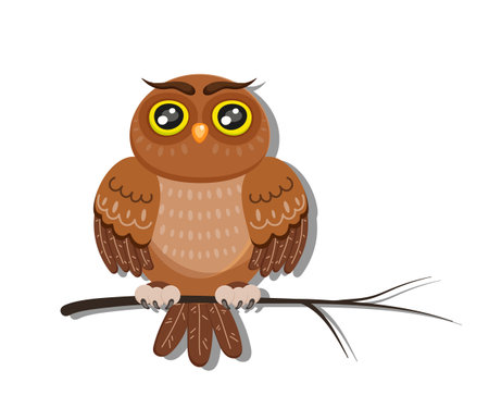 Woodland sweet bird on a branch. Cute forest wild brown owl with big eyes. Perfect for scrapbooking, card, poster, sticker kit. Children educational banner. Fauna image for kid. Vector illustrationのイラスト素材