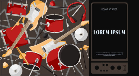 Music festival poster with musical instruments drum kit set and electric guitar for promotion and invitation. Concert banner rock music. Template design flyer in creative style. Vector illustrationのイラスト素材