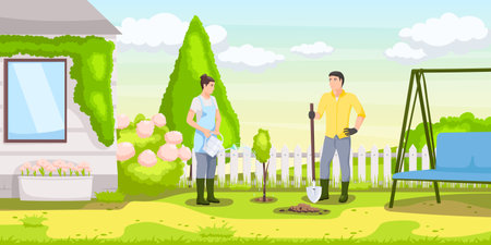 Backyard garden with cultivated soil, shovel and pitchfork, watering can and wheelbarrow, fence and country house on background. Vector gardening equipment, lawn with growing plants, potted flowersのイラスト素材