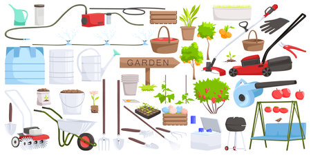 Garden equipment collection. Gardening tools rake or shovel and lawn mower. Village gardener farming set. Wheelbarrow and cultivator, agronomy icons isolated on white background. Vector illustrationのイラスト素材