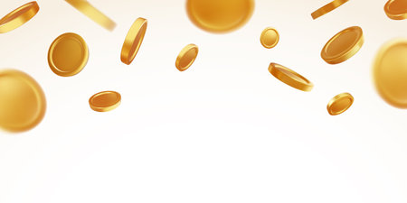 Golden coins falling down frame isolated at white background. Casino jackpot or win concept. Poster for gaming, gambling fortune. Golden shiny coins rain for holiday banner. Vector illustrationのイラスト素材