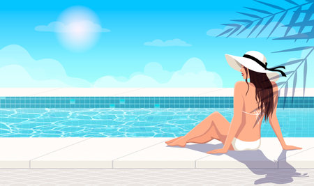 Woman in white hat relaxing in swimming pool. Pretty lady in bikini. Beautiful girl enjoy on luxury spa vacation. Summer time holiday at sea resort. Blue sky with sun background. Vector illustrationのイラスト素材