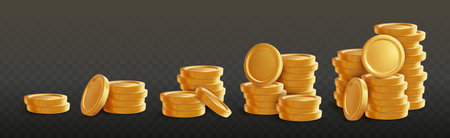 Stack of gold coins. Shiny golden coins in five stacks with another falling down. Finance, investment and savings concept. 3D Money cash bank finance isolated on black background. Vector illustrationのイラスト素材