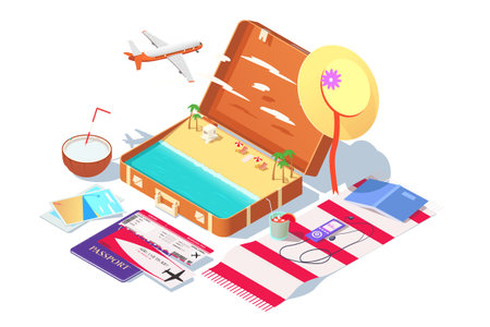 Time to travel concept poster in 3d isometric style with open suitcase. Luggage with ocean beach. Palm tree, hat, airplane, tickets and passport for trip or voyage. Online booking. Vector illustrationのイラスト素材