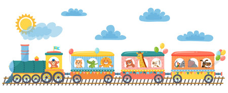 Cute animals on funny train. Happy children animal in railroad. Little zoo pets ride on toy locomotive. Elephant, giraffe, monkey and lion in transportation train. Cartoon Vector illustrationのイラスト素材