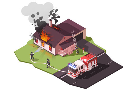 Fighting fire on country house isolated on white background. Concept of firefighter extinguishes burning building. Flame and black smoke from roof of house. Red fire truck brigade. Vector illustrationのイラスト素材