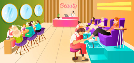 Professional beauty salon interior full of women. Relax spa for women nails on hands, legs. Manicure and pedicure room. Luxury beauty club with purple chairs and pink reception. Vector illustrationのイラスト素材