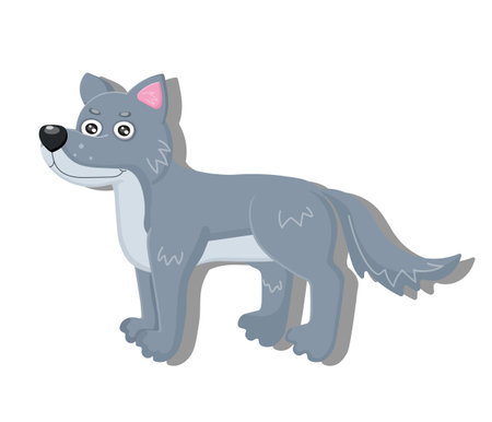 Woodland gray wolf animal. Cute forest wildlife grey kind wolf character. Perfect for scrapbooking, card, poster, sticker kit. Children educational banner. Fauna image for kid. Vector illustrationのイラスト素材