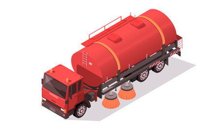 Red sweeper truck. waste recycling and utilization container vehicle. City road cleaning concept with utility truck. Urban transport. Municipal cleaning service. Vector illustrationのイラスト素材