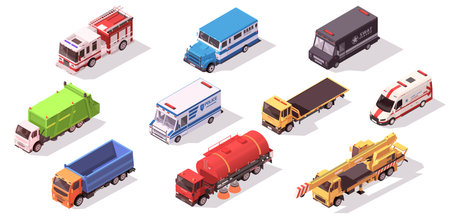 Municipal utility trucks set in 3d isometric design. Colorful collection of heavy urban transport. Street sweeper cleaner truck, garbage truck, ambulance, yellow crane, tow car. Vector illustrationのイラスト素材