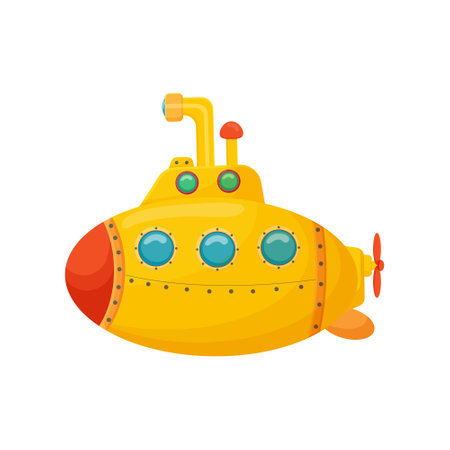 Cartoon submarine in sea. Submarine for nautical research. Marine boat for deep underwater transportation. Toy, periscope, vessel isolated on white background. Vector illustrationのイラスト素材