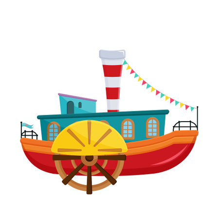 Sea ship. Transportation boat. Cartoon steamship. Retro travel vessel. Vintage ferry steamer. Old steam vehicle. Paddle wheel cargo. Isolated on white background. Vector illustrationのイラスト素材