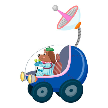 Dog astronaut, riding moon rover, antenna, wear spacesuit, animal, astronomy, vehicle, rider, outer space, spaceman, satellite, spacecraft. Isolated on white background. Vector illustrationのイラスト素材
