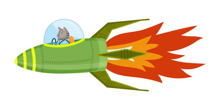 Cat astronaut having space exploration via green rocket with huge flame. Concept of cartoon cosmos spaceship, galactic spacecraft. Vector illustration, isolated on white backgroundのイラスト素材