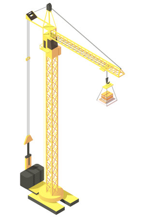 Yellow high lifting crane, construction equipment, industrial machine, hook, building business, engineering, development. Isolated on white background. Isometric vector illustrationのイラスト素材