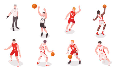 Set of basketball players playing game. Dribbling, passing, blocking, running with ball. Training of sportsman team in various position. Isometric vector illustration, isolated on white backgroundのイラスト素材