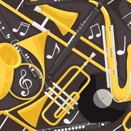 Wind instruments set. Harmony of trumpet, horn and saxophone with clarinet. Seamless pattern. Sound of notes on vinyl plate. Concept of orchestra symphony pattern for cover. Vector illustrationのイラスト素材