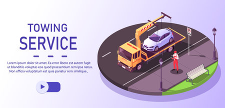Tow truck road service. Business banner. Transport emergency. Car, vehicle accident. Internet add. Service application. Web illustration. Wrecker assistance. Isometric vector illustration.のイラスト素材