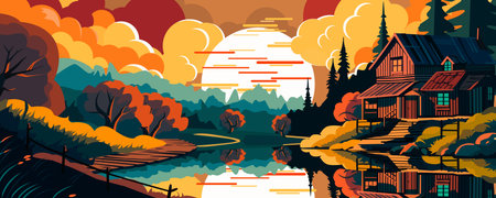 Lonely house on river bank, sunset landscape, sunset, nature, forest, cloud, hill, cartoon panorama, dusk, autumn, meadow, orange sky. Vector illustrationのイラスト素材