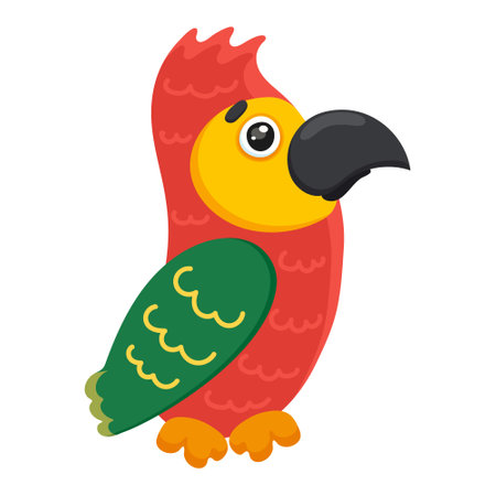 Tropical cartoon character. Cute little parrot. Exotic beak and feather. Animal bird in wildlife. Caricature jungle fauna. Adorable artwork. Isolated on white background. Vector illustrationのイラスト素材